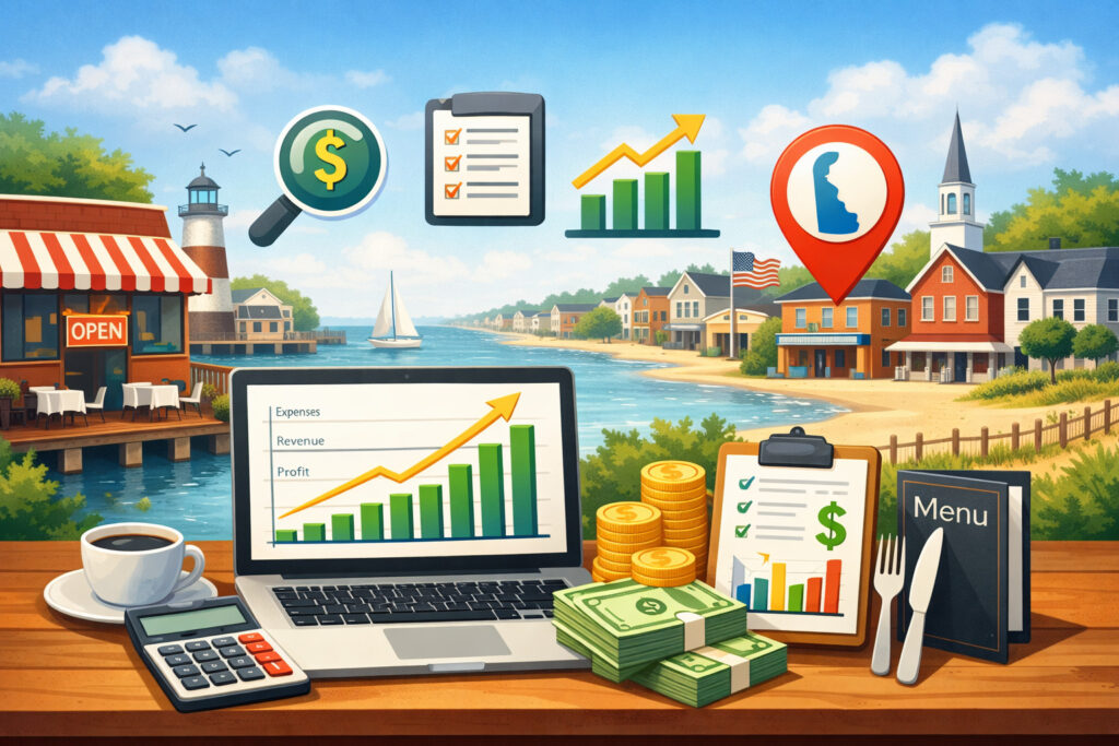 Illustration of restaurant revenue projections with financial charts, growth graphs, and business analytics dashboard in a modern dining setting