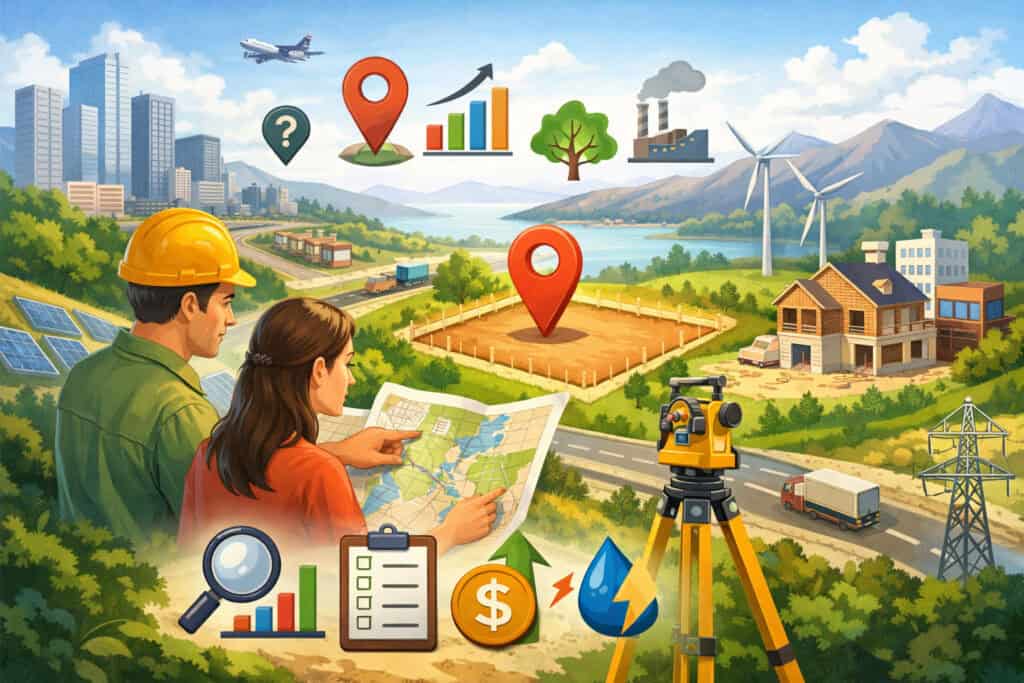 Business professionals evaluating land location with map, infrastructure icons, construction site, and urban-rural landscape for site selection analysis