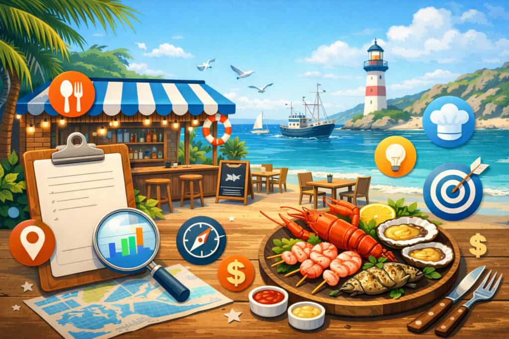 Coastal seafood restaurant concept illustration featuring fresh seafood platter, beachfront dining setup, lighthouse, ocean view, and business strategy icons like menu, analytics, and location markers