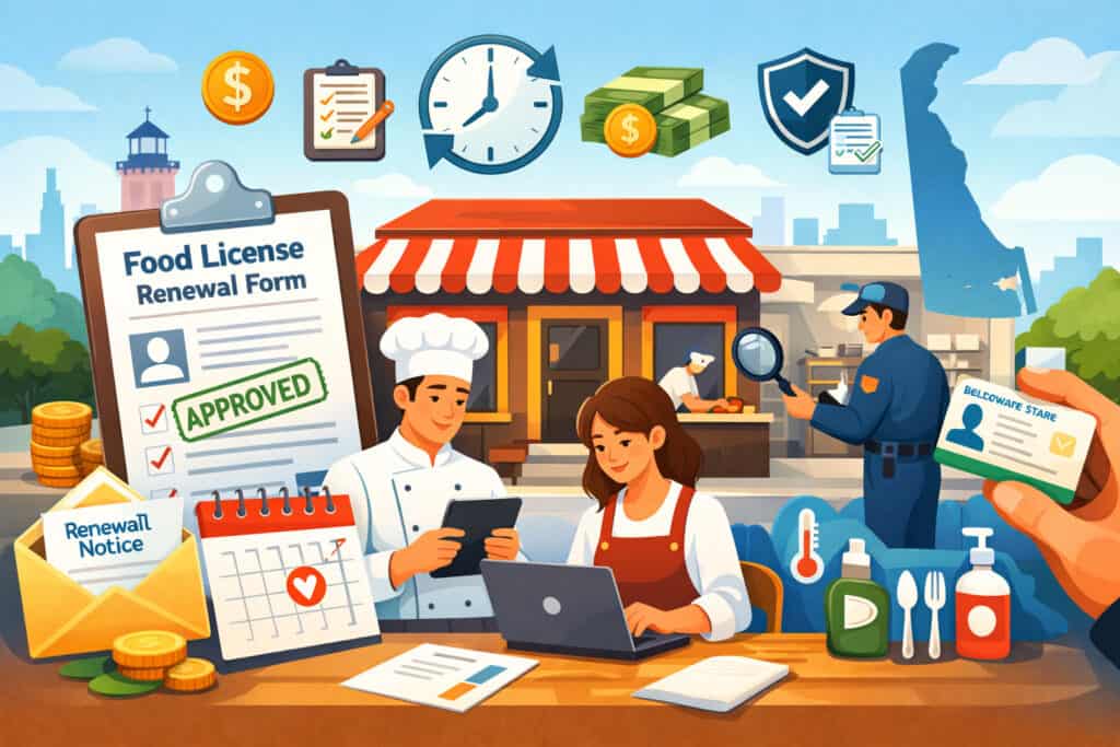 Delaware restaurant owners completing food license renewal process with health inspection, paperwork, payment, and compliance icons in a modern restaurant setting