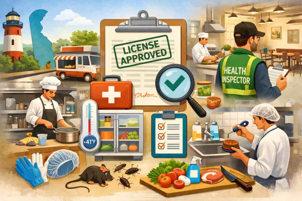 Illustration of Delaware food service licensing process showing kitchen operations, health inspection, food safety practices, and restaurant compliance icons