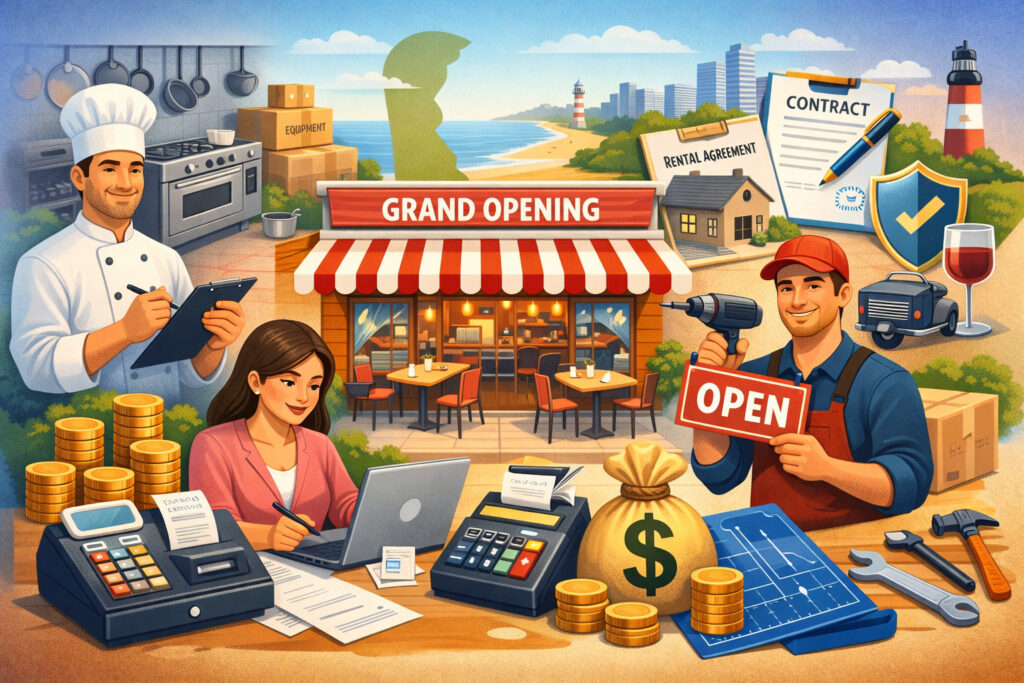 Illustration of restaurant startup costs in Delaware featuring chef, business owner reviewing finances, restaurant storefront, equipment, contracts, and construction elements