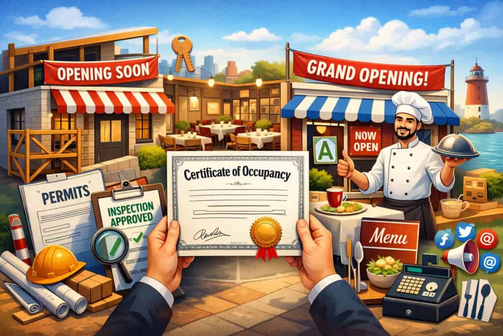 Illustration of Delaware restaurant opening process showing permits, inspection approval, certificate of occupancy, and grand opening scene with chef and completed restaurant