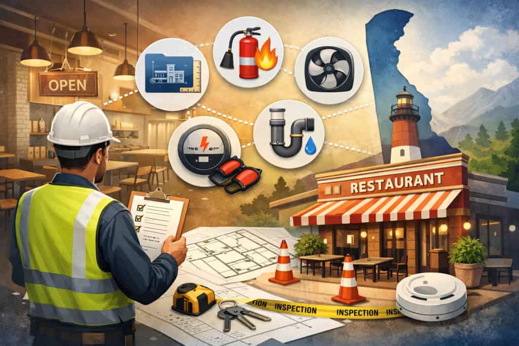 Restaurant building exterior with inspection elements, checklist icons, and compliance symbols representing certificate of occupancy requirements