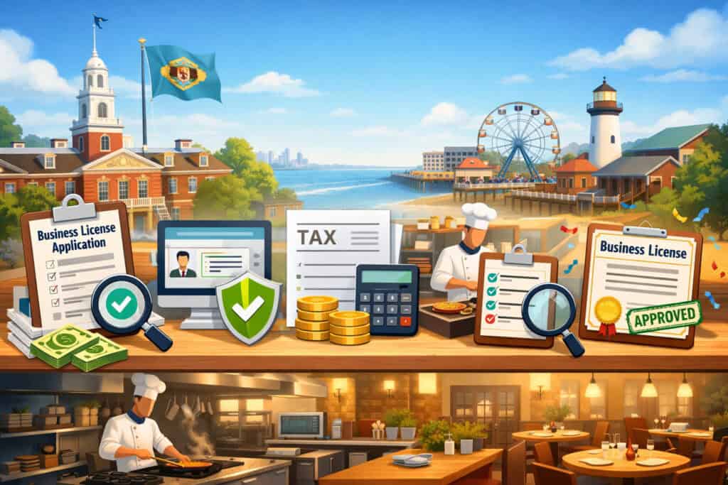 Step-by-step illustration of applying for a Delaware restaurant business license with application forms, tax documents, approval certificate, and restaurant setting in background