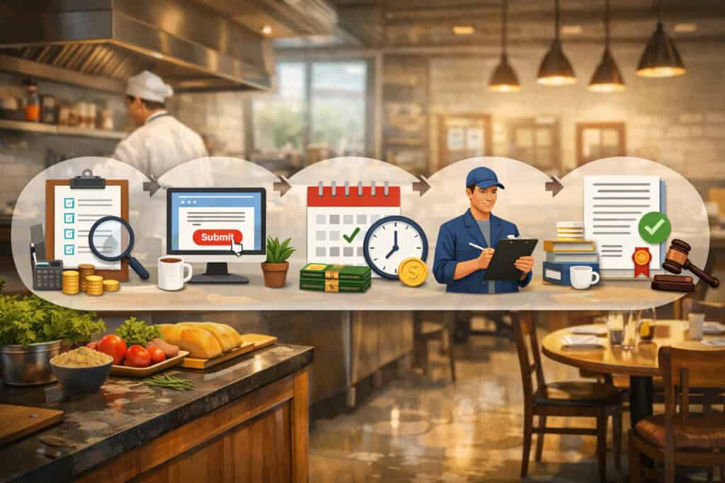 Step-by-step Delaware restaurant business license renewal process with checklist, online submission, calendar deadline, inspection, and approval icons in a commercial kitchen setting