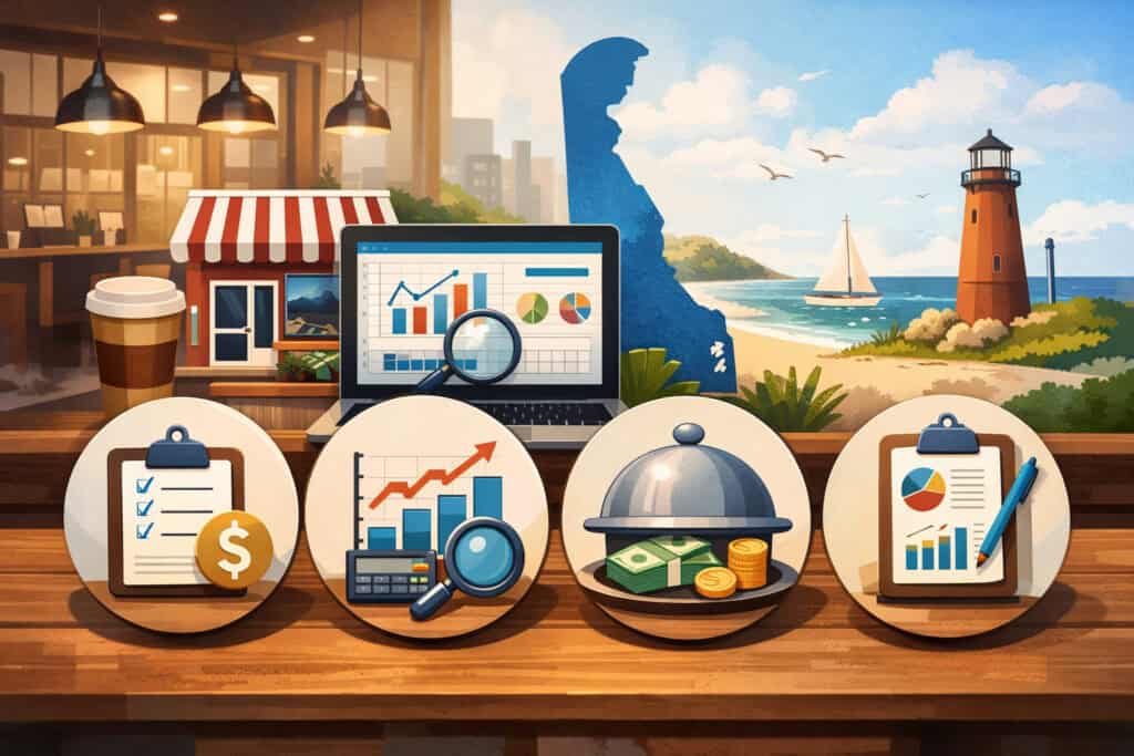 Illustration of restaurant financial projections in Delaware featuring revenue charts, cost analysis icons, cash flow elements, and a coastal restaurant setting in the background