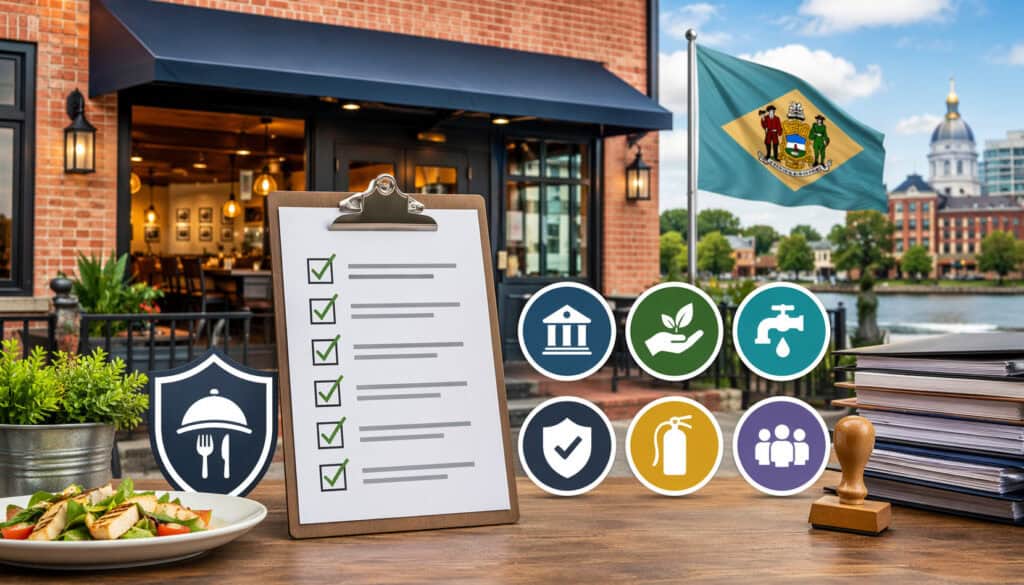 Delaware restaurant exterior with permit checklist clipboard and business license icons representing compliance and licensing requirements for restaurants