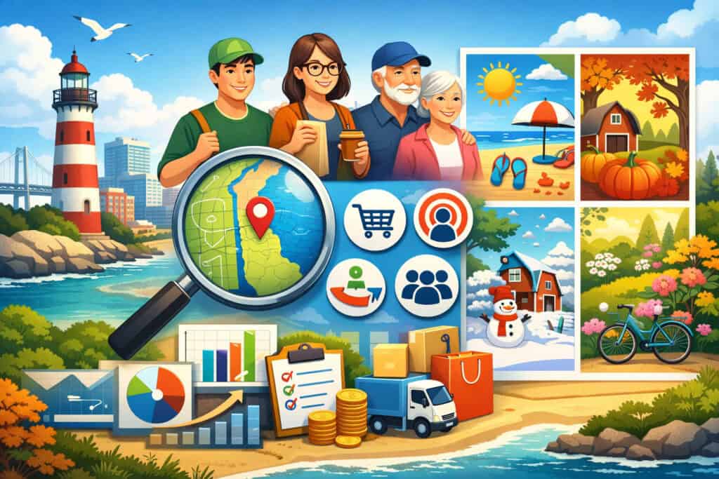 Illustration of Delaware market analysis featuring coastal cityscape, diverse customer groups, shopping and business icons, and seasonal scenes representing summer, fall, winter, and spring demand trends