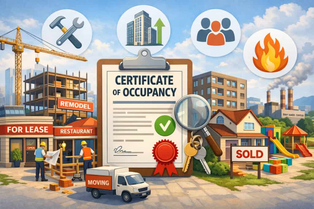 Illustration showing construction, property sale, renovation, and occupancy changes requiring a new or updated Certificate of Occupancy