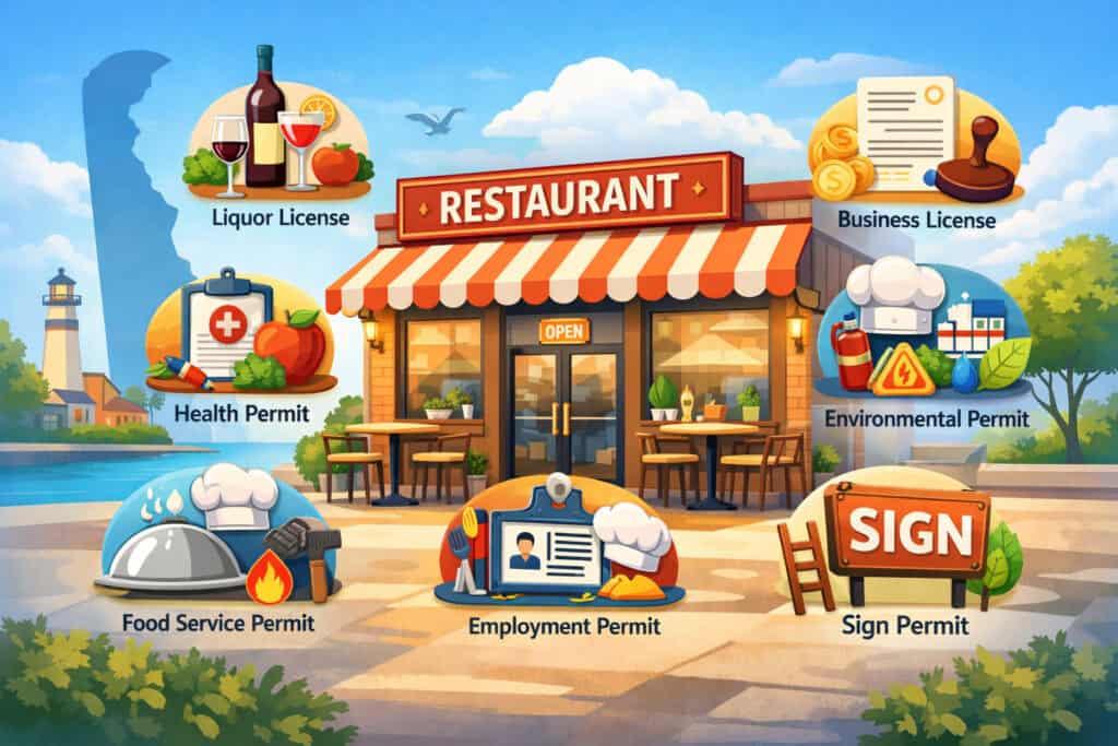Illustration of a restaurant in Delaware surrounded by icons representing renewable permits such as health, liquor, food service, business license, environmental, employment, and signage permits
