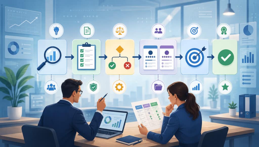Professionals reviewing a step-by-step selection framework and best-practice workflow