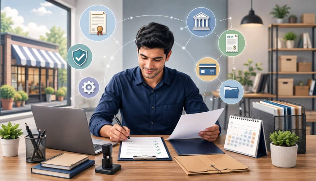 Business owner completing registration paperwork and setting up a new company