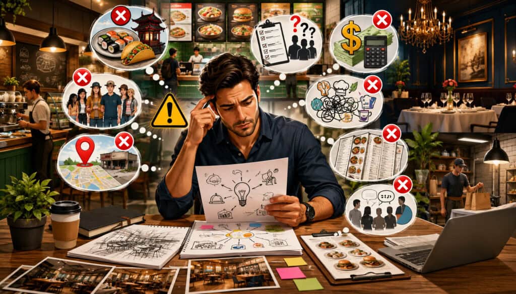 Restaurant owner reviewing common restaurant concept mistakes and planning challenges
