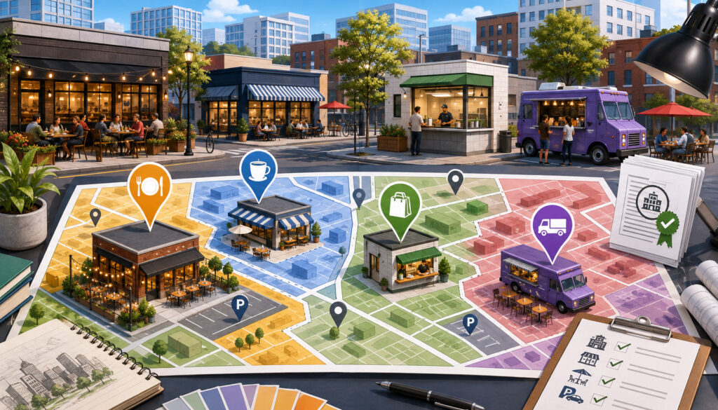Restaurant zoning map showing cafés, takeout counters, food trucks, and dining districts