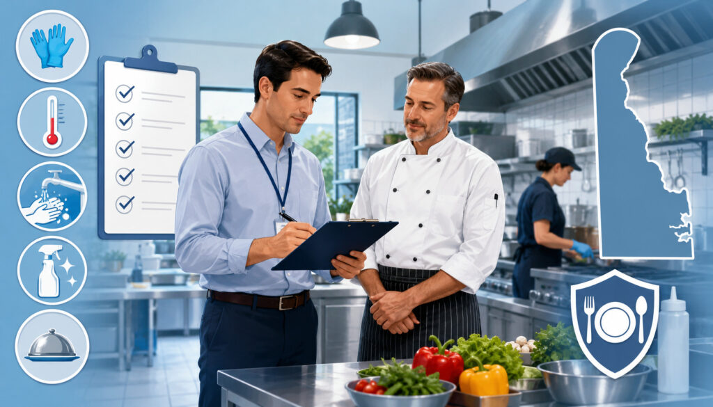Delaware restaurant health inspector reviewing kitchen safety with chef