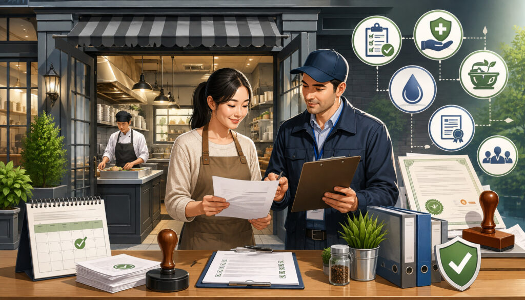 Restaurant owner reviewing food establishment permits with a health inspector