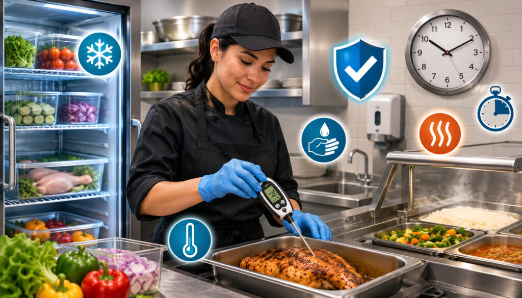 Chef checking food temperature in a commercial kitchen