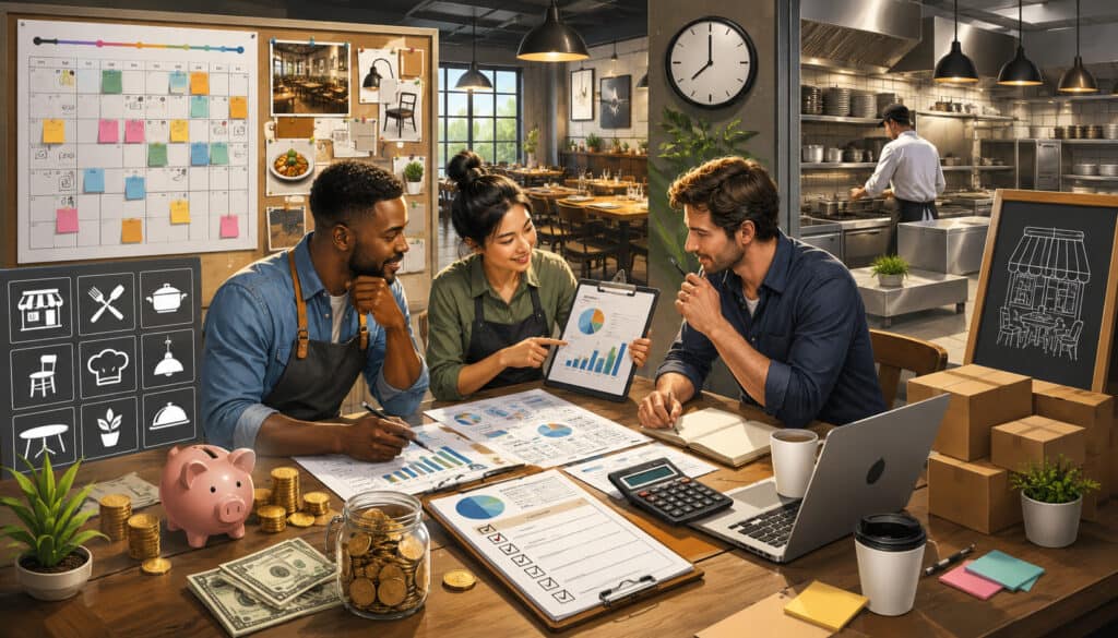 Restaurant team planning the launch budget and opening timeline