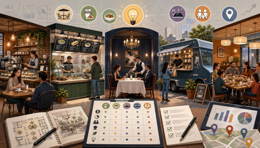 Restaurant concept comparison featuring café, fast-casual, fine dining, food truck, and family restaurant ideas