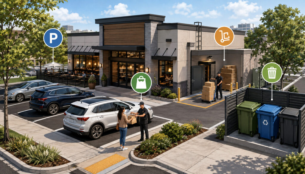 Modern restaurant with parking, curbside pickup, loading zone, and waste area