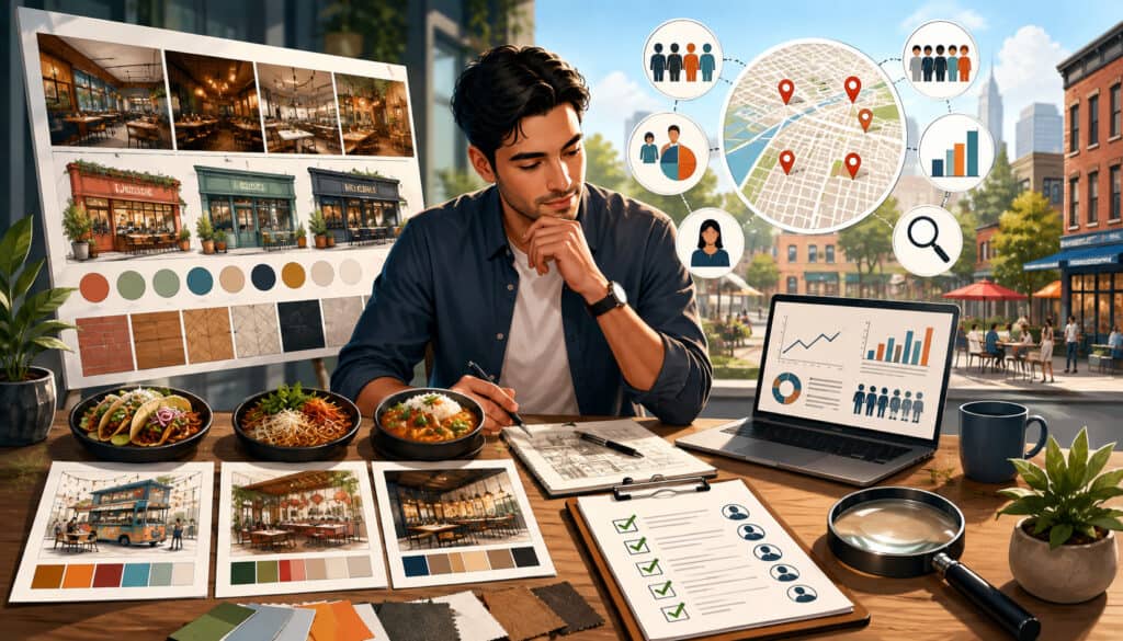 Restaurant entrepreneur comparing concepts and researching local demand