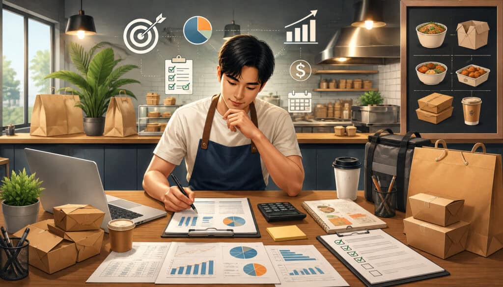 Takeout restaurant owner writing a business plan with charts and packaging