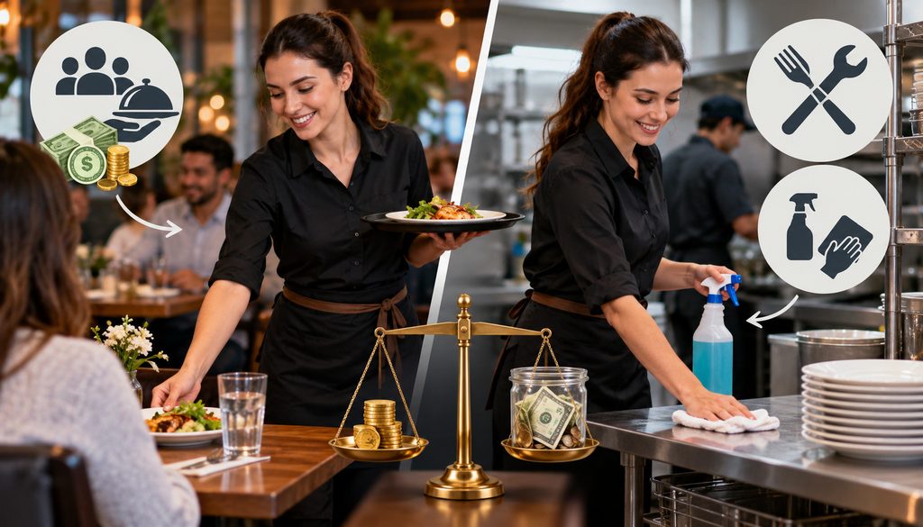 Restaurant server balancing tipped service and non-tipped duties